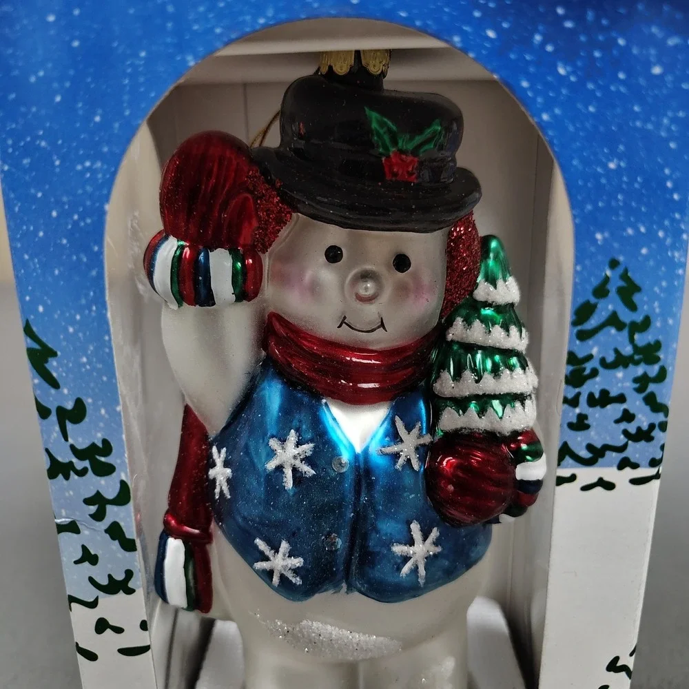 SANTAS BEST Jumbo Snowman Christmas Tree Ornament Mouth Blown Glass Hand Crafted
